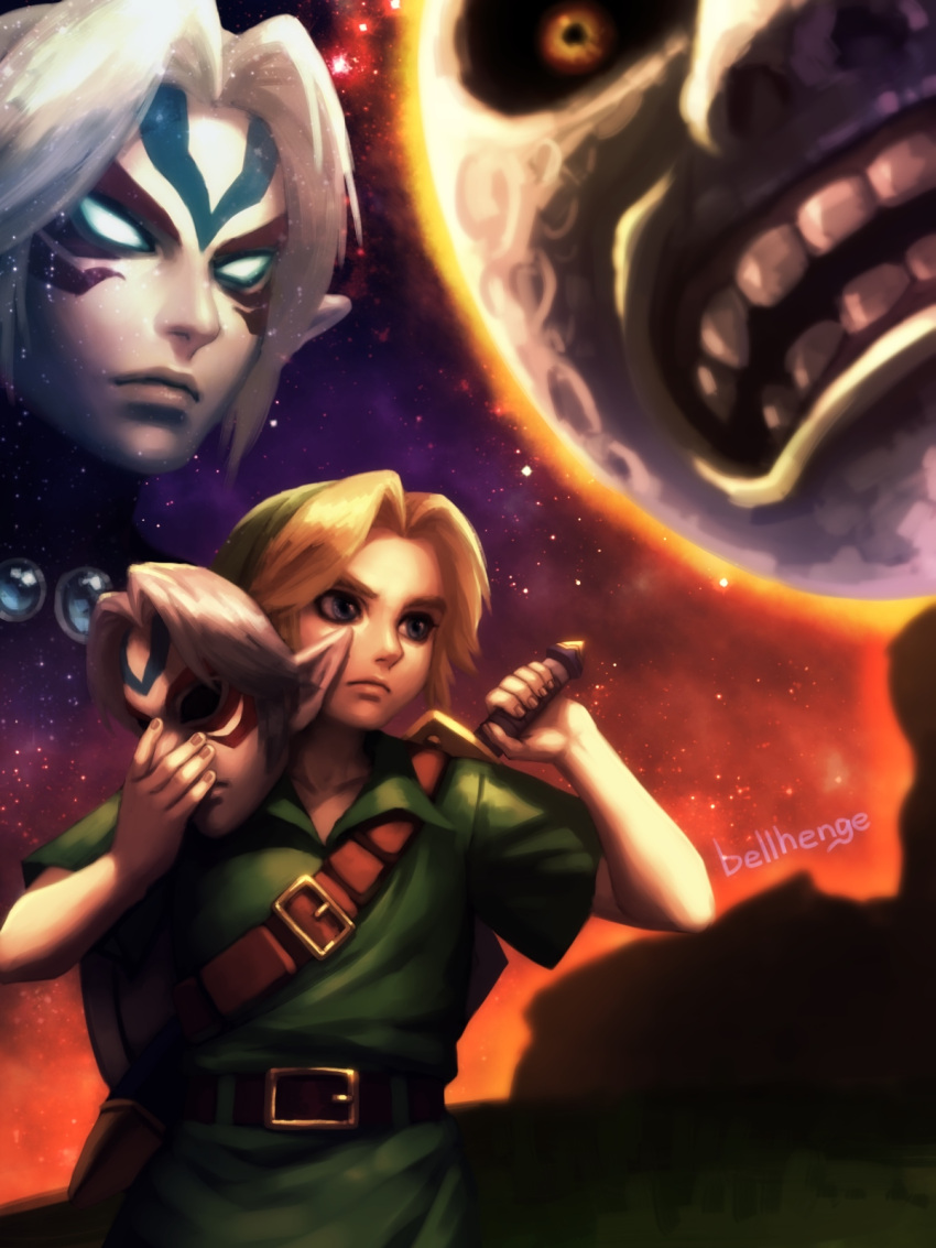 bellhenge blonde_hair blue_eyes fierce_deity hat highres link moon pointy_ears short_hair smile solo the_legend_of_zelda the_legend_of_zelda:_majora's_mask the_legend_of_zelda:_ocarina_of_time young_link younger