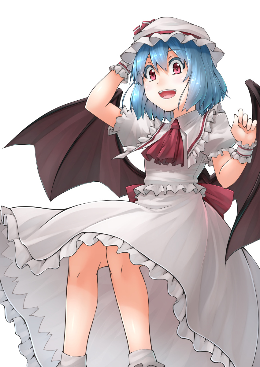1girl absurdres ascot bat_wings blue_hair commentary_request cowboy_shot frilled_shirt frilled_shirt_collar frilled_skirt frills hair_between_eyes hand_on_headwear hat highres hullzion looking_at_viewer open_mouth puffy_short_sleeves puffy_sleeves red_eyes remilia_scarlet shirt short_hair short_sleeves simple_background skirt smile solo touhou white_background white_hat white_shirt white_skirt wings wrist_cuffs