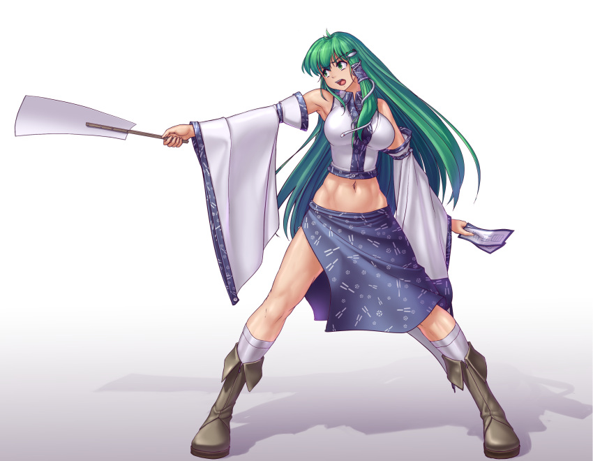 1girl blush breasts green_eyes green_hair hair_ornament hater_(hatater) highres kochiya_sanae large_breasts midriff navel open_mouth skirt solo touhou