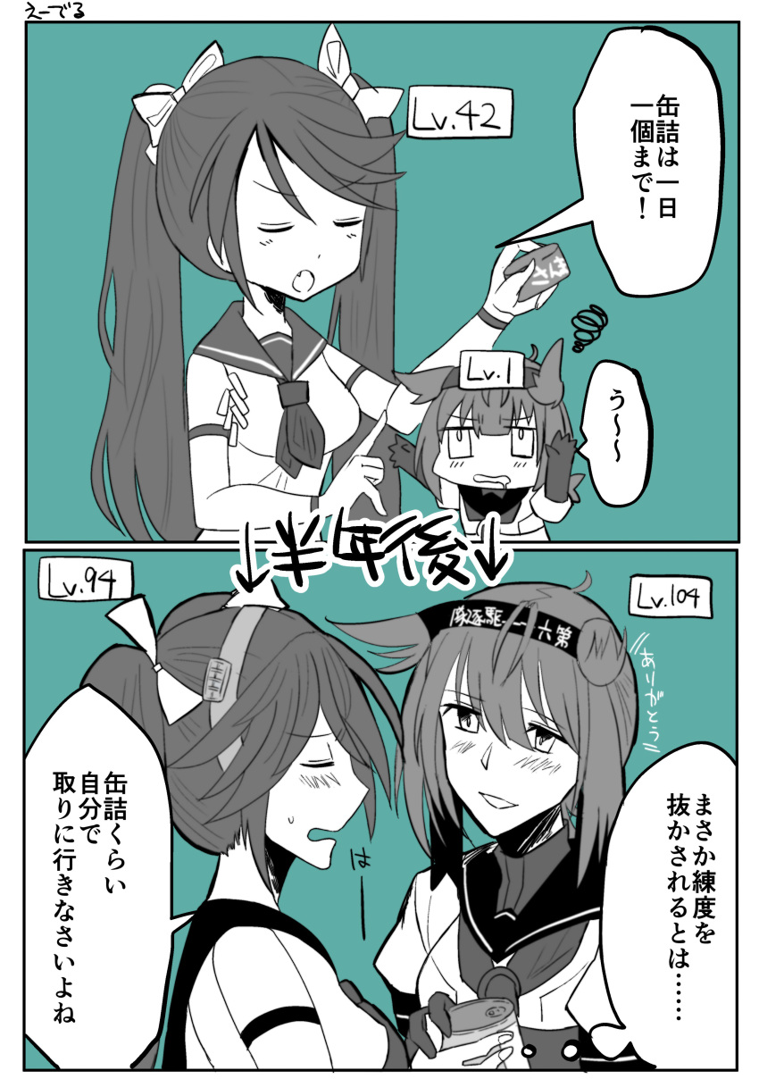 2girls absurdres artist_name blush bodysuit breasts canned_food chibi closed_eyes comic commentary_request detached_sleeves drooling edel_(edelcat) fang gloves hair_flaps hair_ribbon hairband hatsuzuki_(kantai_collection) headband highres isuzu_(kantai_collection) kantai_collection long_hair multiple_girls multiple_monochrome neckerchief remodel_(kantai_collection) ribbon school_uniform serafuku short_hair smile translated twintails
