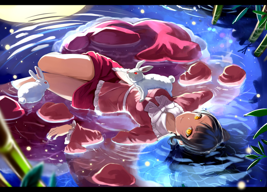 1girl afloat animal animal_on_chest bamboo bangs black_border black_hair blurry border bow breasts depth_of_field emerane eyebrows eyebrows_visible_through_hair fireflies frills full_moon glowing glowing_eyes houraisan_kaguya lake letterboxed light_particles long_hair long_skirt long_sleeves looking_at_viewer medium_breasts moon night on_liquid outdoors outstretched_arms parted_lips pink_shirt pointing rabbit red_eyes red_skirt reflection ripples sash shirt skirt smile solo star_(sky) touhou water white_bow yellow_eyes
