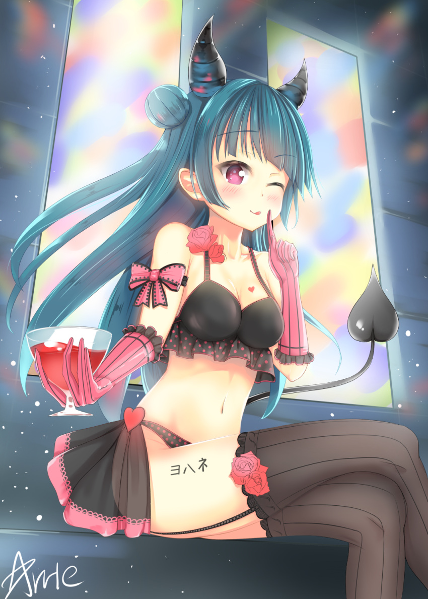 1girl ;q arm_ribbon arrie_lapin artist_name bangs black_legwear blue_hair bow bra character_name chest_tattoo demon_horns demon_tail elbow_gloves finger_to_mouth flower frilled_bra frilled_gloves frills garter_straps gloves goblet heart highres holding horns leg_tattoo lingerie long_fingers long_hair love_live! love_live!_sunshine!! one_eye_closed panties polka_dot polka_dot_panties red_rose ribbon rose see-through showgirl_skirt signature sitting solo striped striped_legwear tail tattoo thigh-highs tongue tongue_out tsushima_yoshiko underwear vertical-striped_gloves vertical-striped_legwear vertical_stripes violet_eyes