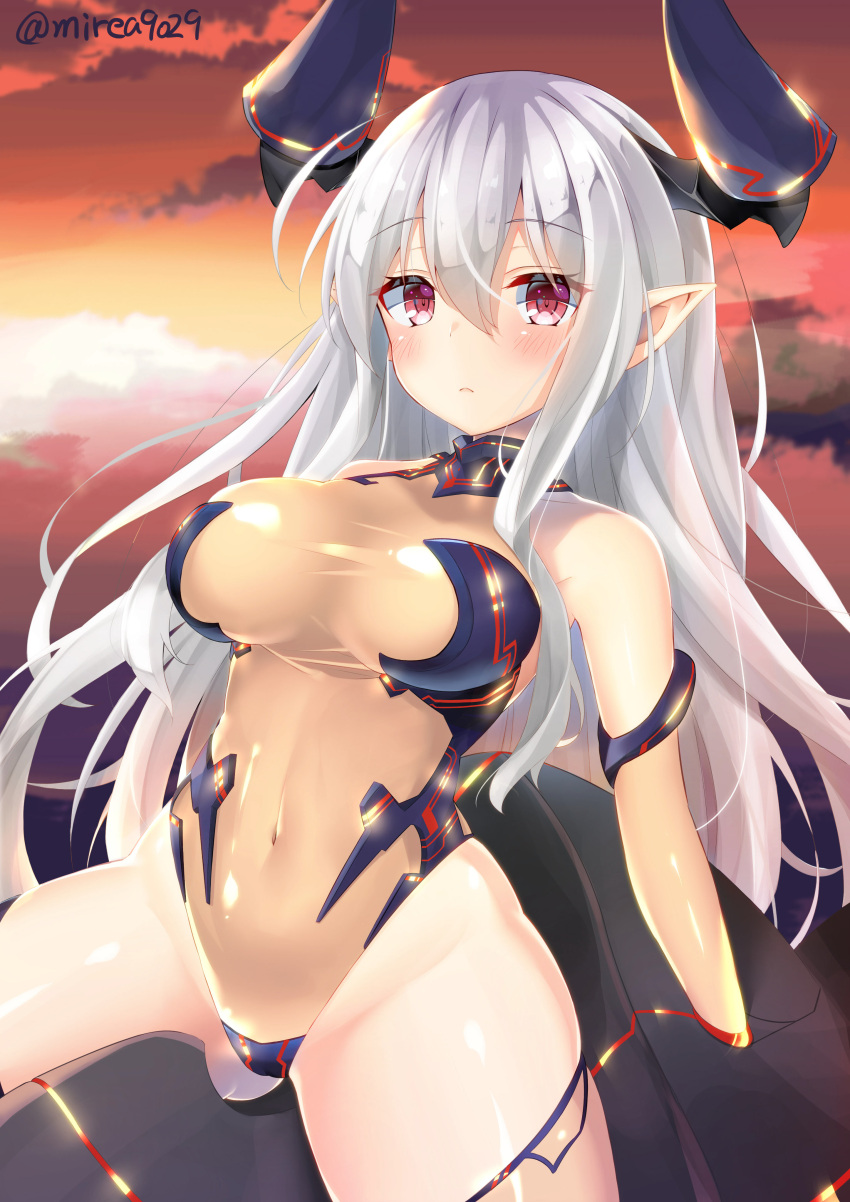 1girl absurdres bangs blush borrowed_character breasts colo_mag-chan doraf eyebrows eyebrows_visible_through_hair granblue_fantasy hair_between_eyes highres horns large_breasts leotard long_hair looking_at_viewer pointy_ears red_eyes renka_(llawliet39) revision solo thigh-highs twitter_username white_hair