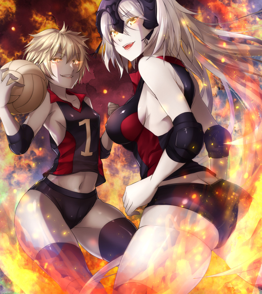 2girls :d ass black_legwear blonde_hair breasts character_request drifters elbow_pads fate/grand_order fate_(series) glowing glowing_eyes helmet highres jeanne_alter long_hair mia_(gute-nacht-07) multiple_girls navel open_mouth ruler_(fate/apocrypha) ruler_(fate/grand_order) short_hair sleeveless smile sportswear thigh-highs volleyball volleyball_uniform white_hair yellow_eyes