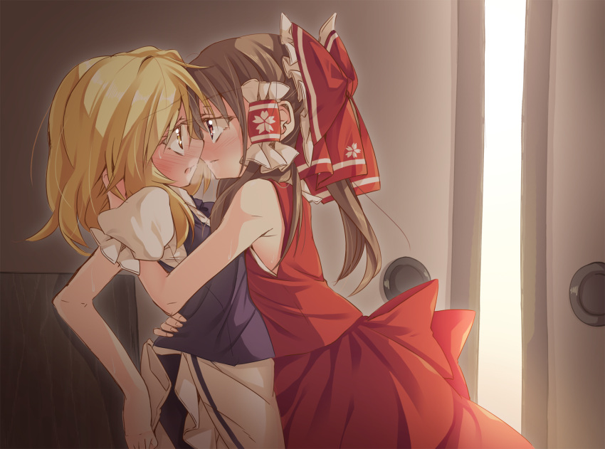 2girls :o blonde_hair blush bow bowtie breath brown_hair commentary eye_contact face-to-face hair_bow hair_ribbon hair_tubes hakurei_reimu hand_on_another's_head heavy_breathing highres hug ina_(inadahime) incipient_kiss kirisame_marisa large_bow long_hair looking_at_another multiple_girls nose-to-nose red_eyes ribbon sash skirt skirt_set sleeveless smile sweat touhou vest yellow_eyes yuri