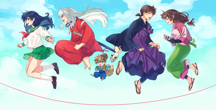 2girls 3boys animal_ears black_hair brown_hair closed_eyes dog_ears fox_tail green_eyes highres higurashi_kagome inuyasha inuyasha_(character) japanese_clothes jewelry jump_rope jumping kirara_(inuyasha) long_hair miroku_(inuyasha) motobi_(mtb_umk) multiple_boys multiple_girls necklace pointy_ears ponytail sango school_uniform serafuku shippou_(inuyasha) sky smile tail white_hair yellow_eyes