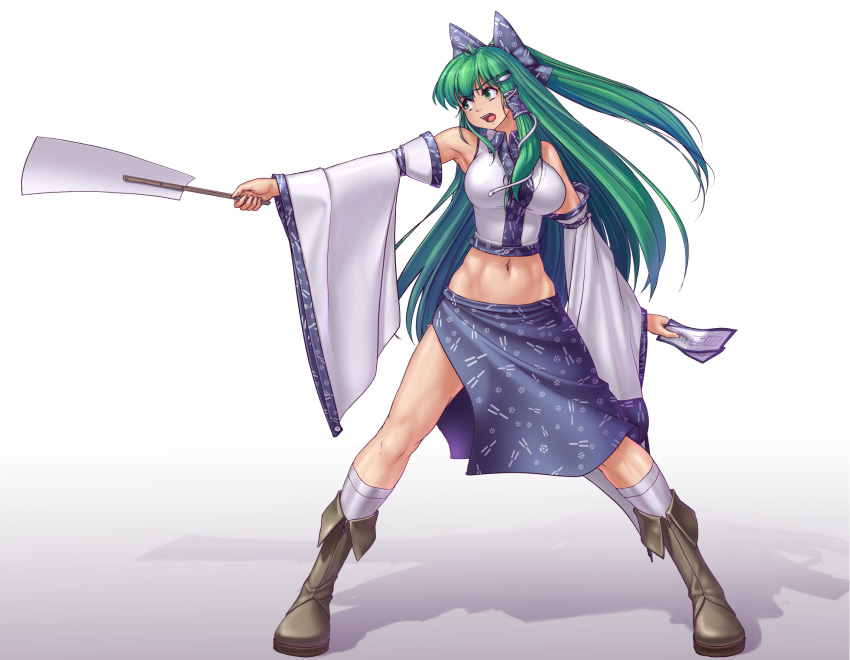 1girl blush breasts green_eyes green_hair hair_ornament hater_(hatater) highres kochiya_sanae large_breasts midriff navel open_mouth ribbon skirt solo touhou