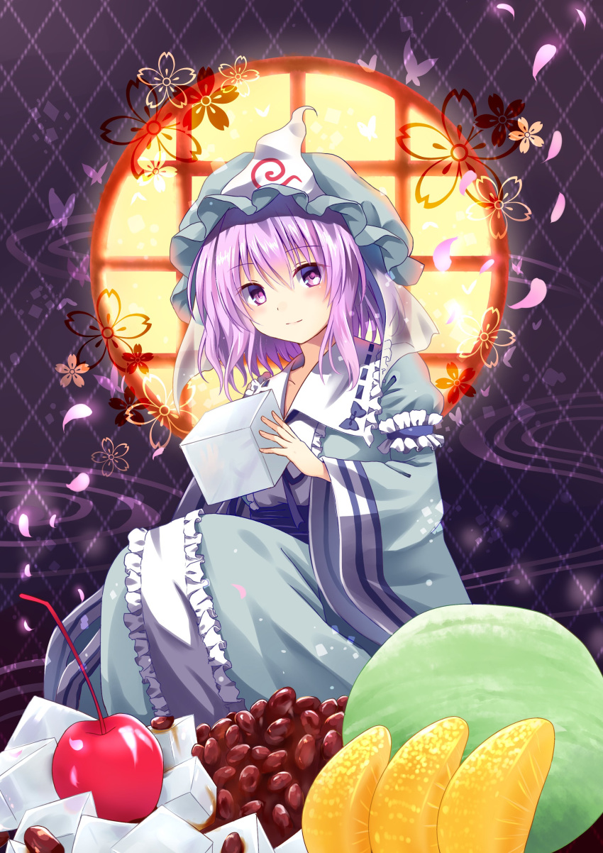 1girl absurdres argyle argyle_background arm_garter blue_dress blush butterfly cherry cherry_blossoms closed_mouth dress food frilled_shirt_collar frills fruit hat highres japanese_clothes kimono kure~pu lavender_eyes lavender_hair long_sleeves looking_at_viewer mob_cap petals puffy_sleeves ripples saigyouji_yuyuko sash short_hair sitting smile solo touhou triangular_headpiece veil wide_sleeves