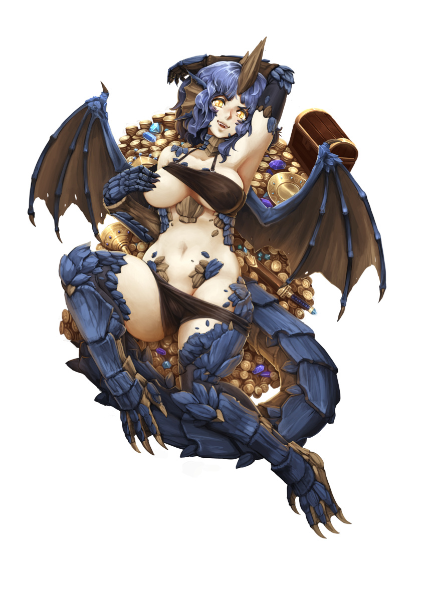 1girl :d arm_behind_head armpits barbariank bare_shoulders bike_shorts_pull blue_hair breasts coin covering covering_one_breast dragon_girl dragon_tail dragon_wings dungeons_and_dragons fangs gem goblet head_fins highres horn large_breasts looking_at_viewer lying monster_girl navel on_back open_mouth original paws personification scales sharp_teeth sheath sheathed short_hair slit_pupils smile solo strapless sword tail teeth transparent_background treasure treasure_chest tubetop tubetop_lift wavy_hair weapon wings yellow_eyes