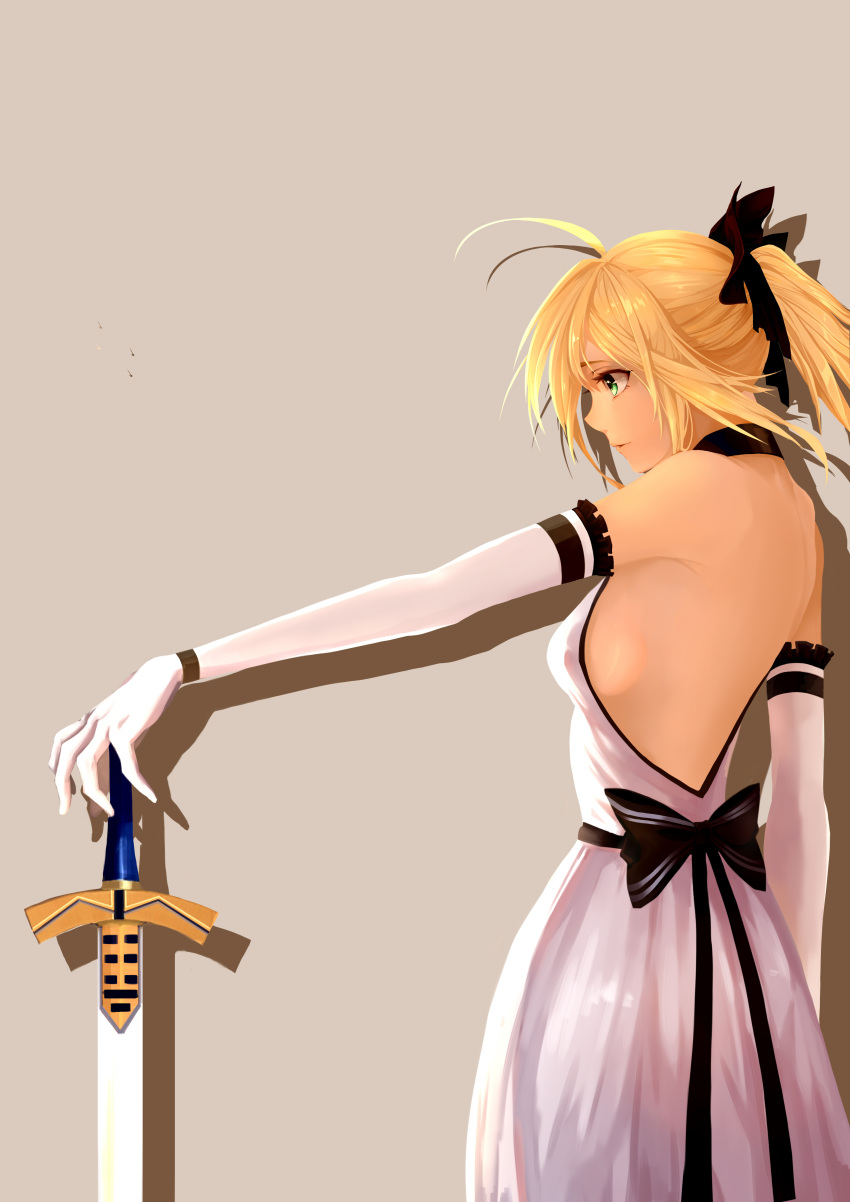1girl absurdres bare_shoulders breasts elbow_gloves excalibur fate/stay_night fate_(series) gloves grey_background highres planted_sword planted_weapon saber sideboob solo sword weapon