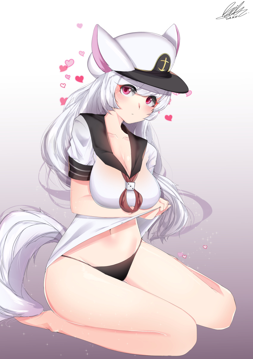 1girl 2016 absurdres animal_ears bil-ajeossi black_panties blush breast_hold breasts character_request cleavage collarbone commentary_request copyright_request dated full_body gradient gradient_background grey_background hat heart highres large_breasts long_hair looking_at_viewer navel neckerchief no_pants panties peaked_cap red_eyes sailor_collar shirt shirt_lift short_sleeves signature sitting solo sparkle tail underwear very_long_hair wariza white_hair white_shirt