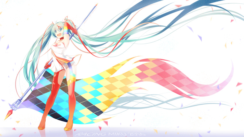 1girl 2016 absurdly_long_hair aqua_hair arm_up artist_name blue_eyes boots breasts elbow_gloves flag gloves goodsmile_company goodsmile_racing hair_ribbon hatsune_miku highres long_hair long_ribbon open_mouth ribbon rimuu sleeveless solo thigh-highs thigh_boots twintails very_long_hair vocaloid window