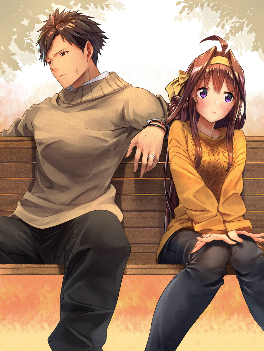 1boy 1girl absurdres admiral_(kantai_collection) ahoge awkward baffu bench black_pants blush bracelet brown_eyes brown_hair casual closed_mouth commentary_request double_bun embarrassed hairband highres jewelry kantai_collection knees_together_feet_apart kongou_(kantai_collection) long_hair long_sleeves pants park_bench ring short_hair sitting sleeves_past_wrists spiky_hair sweat sweatdrop sweater violet_eyes