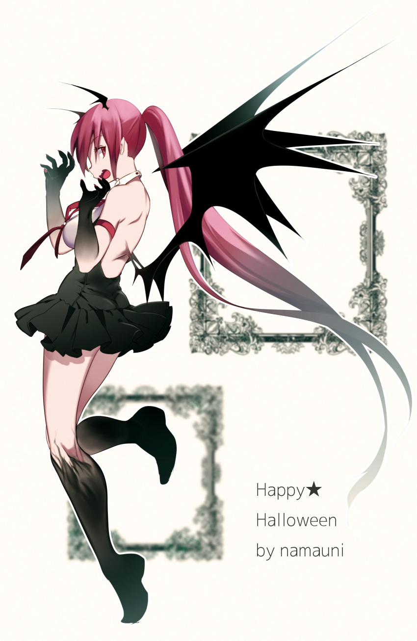 1girl absurdres alternate_costume armband artist_name back bangs barefoot black_dress black_hair breasts claw_pose darkness demon_wings detached_collar dress fang from_side gradient_hair happy_halloween highres kneepits koakuma legs long_ponytail looking_at_viewer medium_breasts multicolored_hair namauni necktie no_shoes open_mouth pointy_ears pose red_eyes red_necktie redhead simple_background slit_pupils solo thighs touhou white_pupils wings