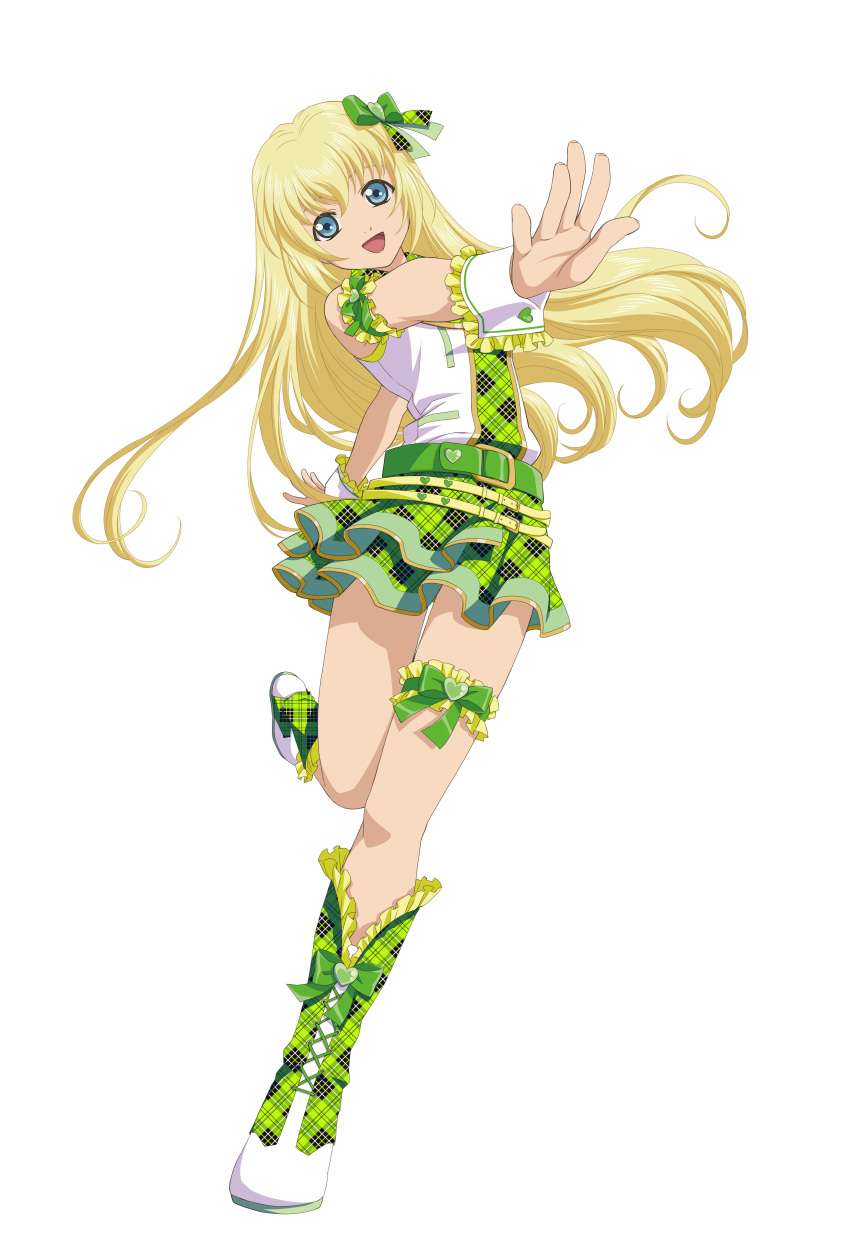 1girl absurdres arm_garter blonde_hair blue_eyes boots collet_brunel garters highres hoshii_miki idol idolmaster long_hair looking_at_viewer official_art open_mouth outstretched_arm plaid plaid_skirt simple_background skirt sleeveless solo tales_of_(series) tales_of_symphonia white_background wrist_cuffs
