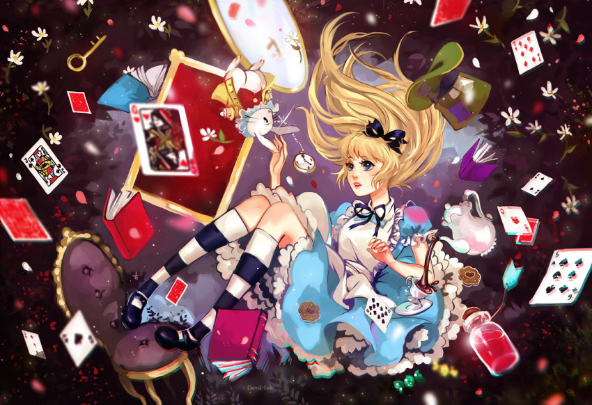 1girl ace alice_(wonderland) alice_in_wonderland apron ariuemi black_legwear black_shoes blonde_hair blue_dress blue_eyes blue_ribbon book bottle card chair chromatic_aberration clubs_(playing_card) cup diamonds_(playing_card) dress falling_card floating_hair flower frilled_dress frills full_body hair_ribbon hat hearts_(playing_card) horizontal-striped_legwear horizontal_stripes key kneehighs long_hair mary_janes open_book playing_card pouring puffy_short_sleeves puffy_sleeves rabbit ribbon saucer shoes short_sleeves solo spades_(playing_card) striped striped_legwear tea teacup teapot white_legwear white_rabbit