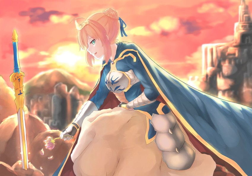 1girl armor arondight blonde_hair cape crown fate/stay_night fate_(series) flower gauntlets grave green_eyes highres planted_sword planted_weapon pleasure_mussel saber solo squatting sword type-moon weapon