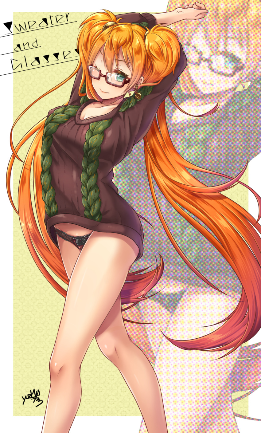 1girl ;) aran_sweater arms_up black_bow blue_eyes bow bow_panties breasts cleavage closed_mouth earrings eyelashes glasses hair_ornament highres jewelry leilan_(p&amp;d) long_hair long_sleeves looking_at_viewer medium_breasts one_eye_closed orange_hair outside_border panties puzzle_&amp;_dragons semi-rimless_glasses signature smile solo stretch sweater twintails under-rim_glasses underwear very_long_hair walking white_border yuzutosen zoom_layer