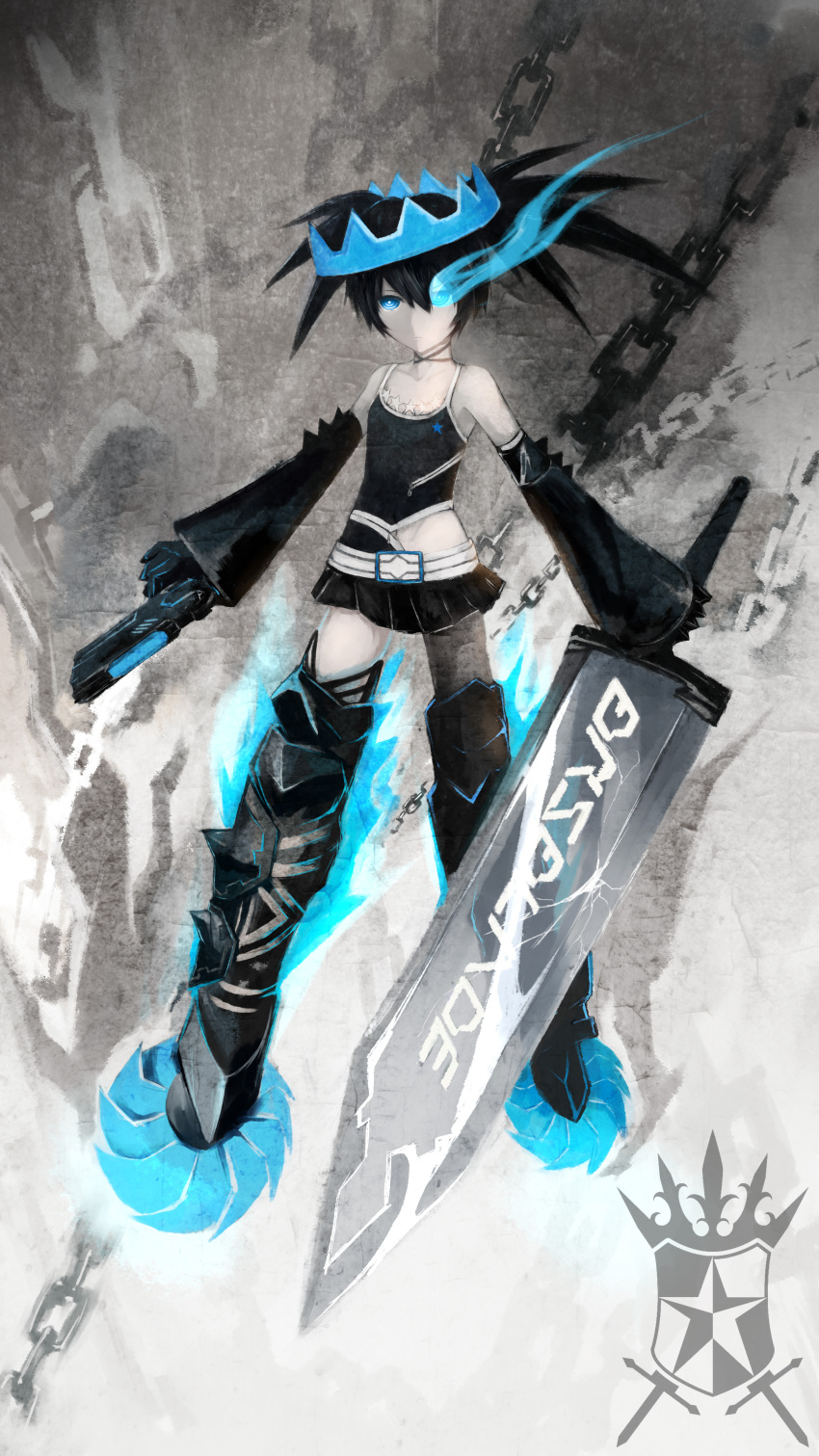 1girl absurdres artist_request black_hair black_rock_shooter black_rock_shooter_(character) black_rock_shooter_beast blue_eyes boots chain commentary glowing glowing_eye gun highres long_sword midriff miniskirt navel pale_skin pleated_skirt skirt solo sword tank_top thigh-highs thigh_boots twintails weapon zipper