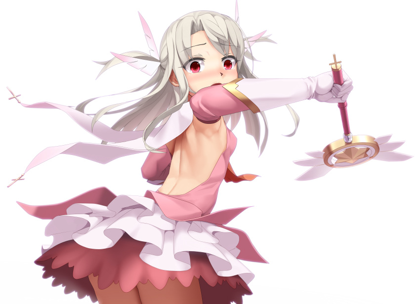 1girl absurdres armpits bangs bare_back blush detached_sleeves dress elbow_gloves eto fate/kaleid_liner_prisma_illya fate_(series) feathers from_side gloves hair_feathers highres holding illyasviel_von_einzbern kaleidostick long_hair looking_to_the_side magical_girl magical_ruby open-back_dress open_mouth pink_dress prisma_illya red_eyes silver_hair simple_background solo standing wand white_background white_gloves