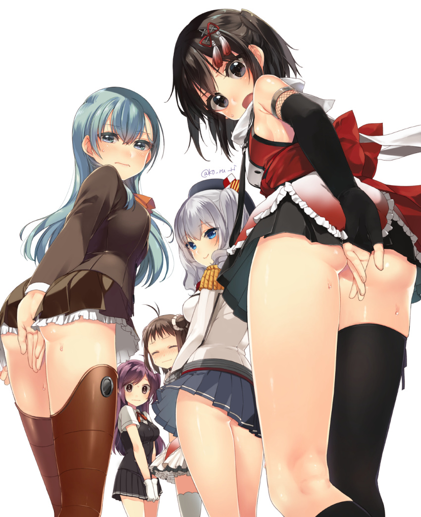 5girls :| ahoge antenna_hair aqua_eyes aqua_hair ascot beret between_buttocks black_legwear black_skirt blazer blouse blue_eyes blush breasts brown_eyes brown_hair buttons commentary_request covering covering_ass double_bun elbow_gloves epaulettes fingerless_gloves frilled_skirt frilled_sleeves frills gloves hagikaze_(kantai_collection) hair_ornament hat head_tilt highres jacket kantai_collection kashima_(kantai_collection) kneehighs ko_ru_ri large_breasts long_hair looking_at_viewer looking_back military military_uniform miniskirt multiple_girls naka_(kantai_collection) neck_ribbon no_panties open_mouth pleated_skirt purple_hair red_ribbon remodel_(kantai_collection) ribbon scarf school_uniform sendai_(kantai_collection) serafuku short_hair side_ponytail sidelocks silver_hair simple_background single_kneehigh single_thighhigh skirt small_breasts smile suzuya_(kantai_collection) sweat thigh-highs tsurime twintails twitter_username two_side_up uniform v_arms vest wavy_hair white_background white_blouse white_gloves white_legwear white_scarf