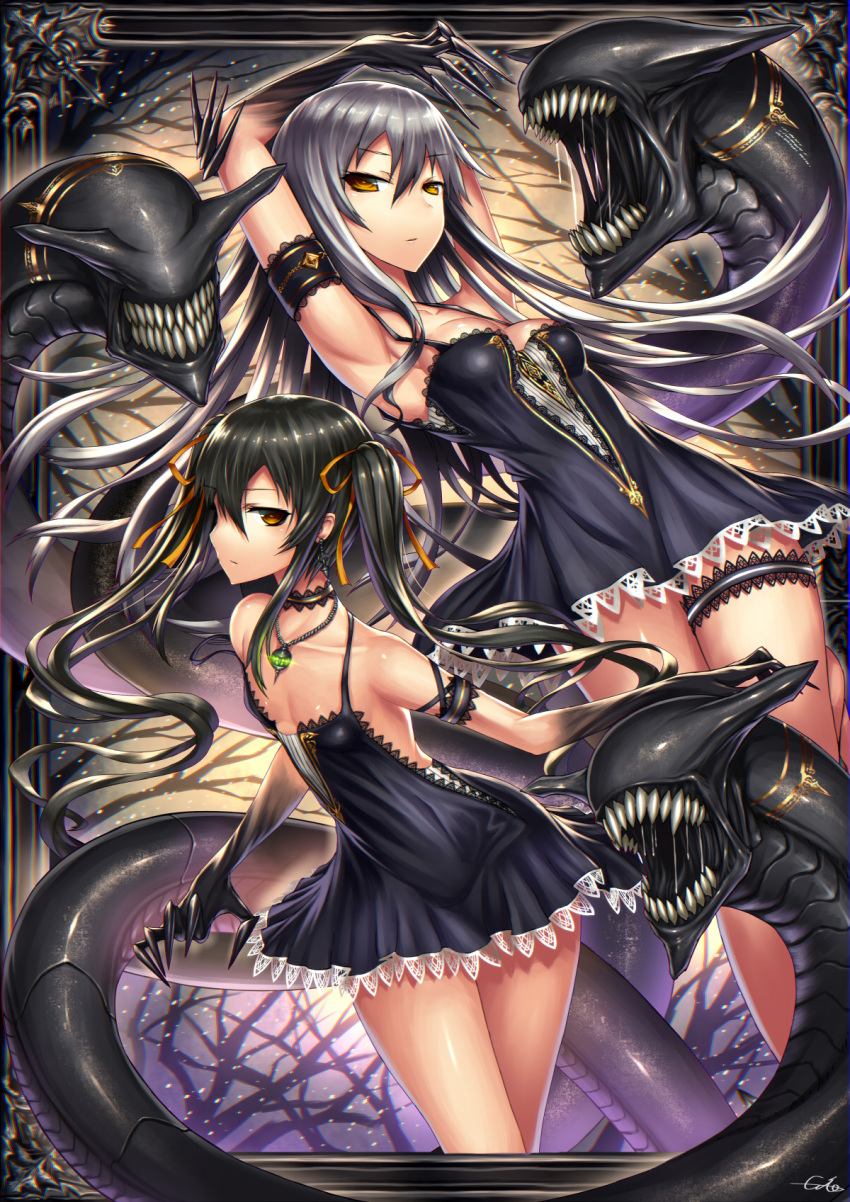 2girls alien_(movie) armpits arms_up bare_shoulders black_hair breasts brown_eyes dress gia highres leg_garter long_hair multiple_girls original silver_hair small_breasts twintails