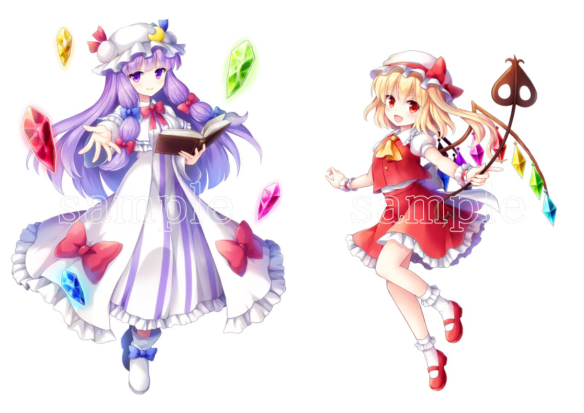 2girls ascot blonde_hair blue_ribbon book bow breasts cannan capelet crescent crescent_hair_ornament crystal dress fang flandre_scarlet frilled_dress frilled_sleeves frills full_body hair_bow hair_ornament hair_ribbon hat hat_bow hat_ribbon highres laevatein long_hair mob_cap multiple_girls patchouli_knowledge puffy_short_sleeves puffy_sleeves purple_hair red_eyes red_ribbon ribbon sample shirt shoes short_sleeves side_ponytail skirt skirt_set striped striped_dress touhou tress_ribbon very_long_hair violet_eyes watermark white_background white_shirt wings wrist_cuffs
