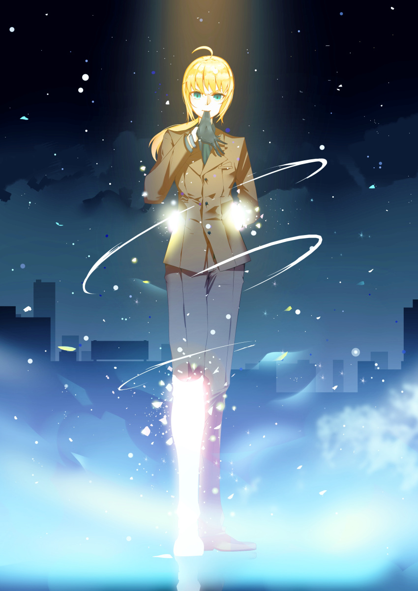 1girl absurdres ahoge black_gloves fate/stay_night fate/zero fate_(series) formal gloves glowing green_eyes highres lucky_(1045044604) mouth_hold pant_suit saber solo suit