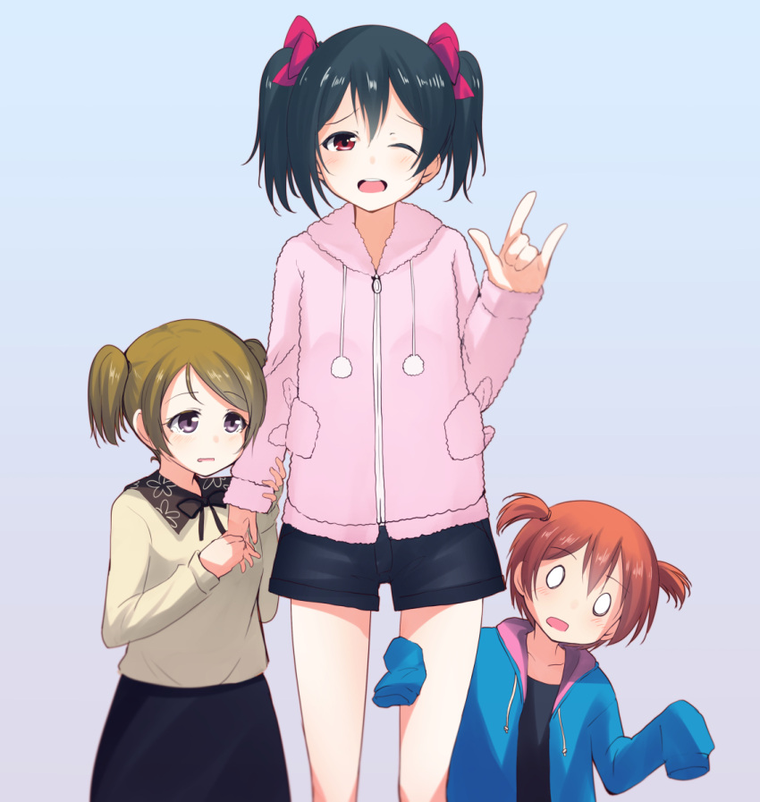 3girls \m/ alternate_hairstyle black_eyes black_hair black_ribbon black_shorts blue_background bow brown_hair casual child commentary_request eyebrows eyebrows_visible_through_hair hair_between_eyes hair_bow highres holding_hands hood hoodie hoshizora_rin koizumi_hanayo long_hair love_live! love_live!_school_idol_project multiple_girls nanotsuki one_eye_closed open_mouth pom_pom_(clothes) red_bow red_eyes ribbon short_twintails shorts simple_background sleeves_past_wrists time_paradox twintails yazawa_nico younger zipper
