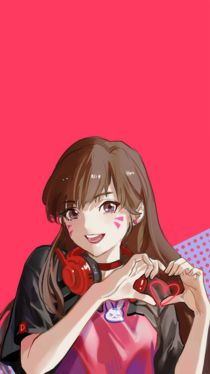 1girl achyue bangs breasts brown_hair bunny_print casual d.va_(overwatch) earrings facial_mark headphones headphones_around_neck heart heart_hands highres jewelry long_hair looking_at_viewer open_mouth overwatch shirt short_sleeves simple_background sketch small_breasts smile solo stud_earrings swept_bangs t-shirt upper_body whisker_markings