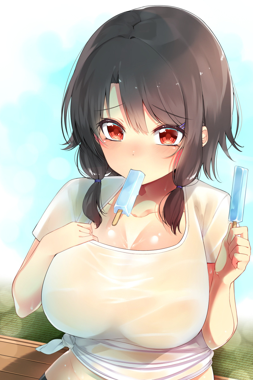 1girl absurdres bangs belly bench black_hair blue_background blush breasts cleavage copyright_request eating food hair_ornament hairpin highres holding holding_food huge_breasts ice_cream mouth_hold nezumi_doshi popsicle red_eyes see-through shirt short_hair short_twintails sitting solo sweat swept_bangs t-shirt tatami twintails upper_body white_shirt