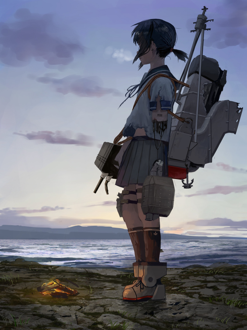 1girl absurdres amputee anchor anchor_symbol black_hair bonfire boots clouds commentary_request damaged from_side fubuki_(kantai_collection) full_body highres holding holding_weapon horizon kantai_collection kneehighs looking_to_the_side machinery mechanical_arm morning ocean outdoors pleated_skirt scenery school_uniform serafuku shirt short_hair short_ponytail short_sleeves sidelocks skirt sky solo tomiya_(tomiya2117) torn_clothes torn_shirt turret water weapon wind