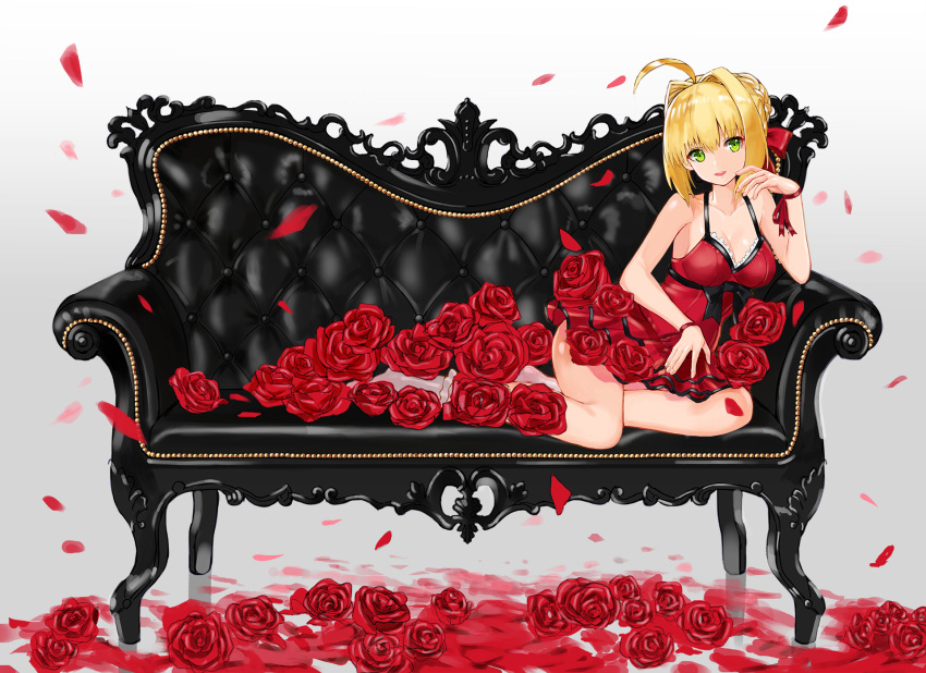 1girl :d ahoge arm_support bare_arms bare_shoulders blonde_hair bow breasts cleavage collarbone couch dress fate/extra fate_(series) flower green_eyes grey_legwear hair_bow hair_intakes head_tilt highres looking_at_viewer medium_breasts on_couch open_mouth petals red_bow red_dress red_rose rose rose_petals round_teeth ruisento saber_extra short_hair sitting sleeveless sleeveless_dress smile socks solo teeth thighs wristband yokozuwari