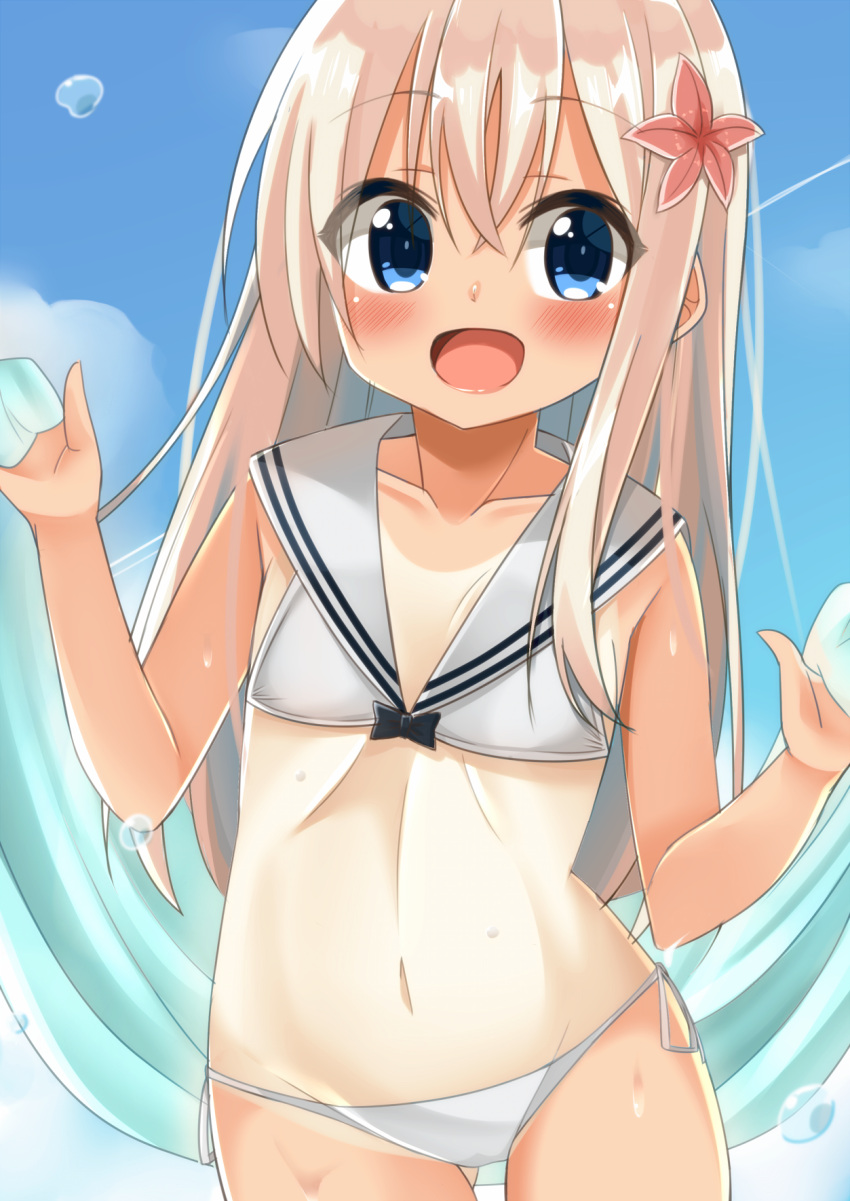 1girl ass_visible_through_thighs bikini blonde_hair blue_eyes cacao_(cacao0809) flower hair_flower hair_ornament highres kantai_collection looking_at_viewer one-piece_tan open_mouth ro-500_(kantai_collection) sailor_bikini sailor_collar standing swimsuit tan tanline thigh_gap towel white_bikini z3_max_schultz_(kantai_collection) z3_max_schultz_(kantai_collection)_(cosplay)