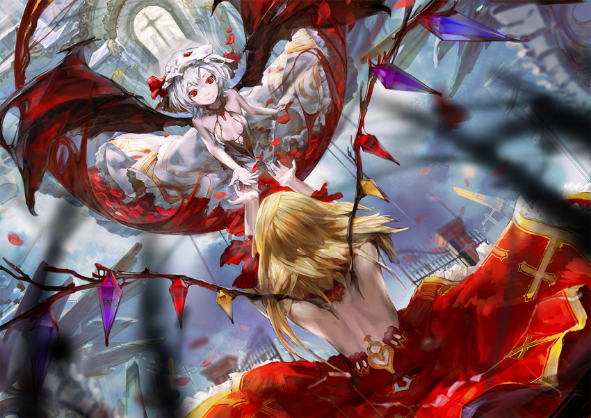 2girls alternate_costume back bare_arms bare_shoulders bat_wings blonde_hair breasts closed_mouth crystal dress dutch_angle el-zheng flandre_scarlet flying from_behind hat hat_ribbon looking_at_another mob_cap multiple_girls no_hat no_headwear pale_skin reaching red_eyes red_ribbon remilia_scarlet ribbon ruins siblings silver_hair sisters small_breasts smile touhou wings