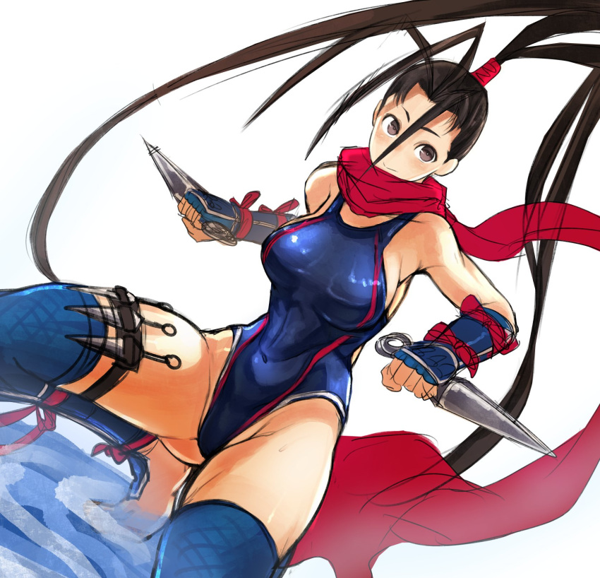 1girl black_hair brown_eyes competition_swimsuit dutch_angle garakuta gauntlets highres ibuki_(street_fighter) kunai long_hair ninja one-piece_swimsuit ponytail scarf squatting street_fighter street_fighter_iii street_fighter_iii:_3rd_strike street_fighter_iv super_street_fighter_iv swimsuit thigh-highs weapon