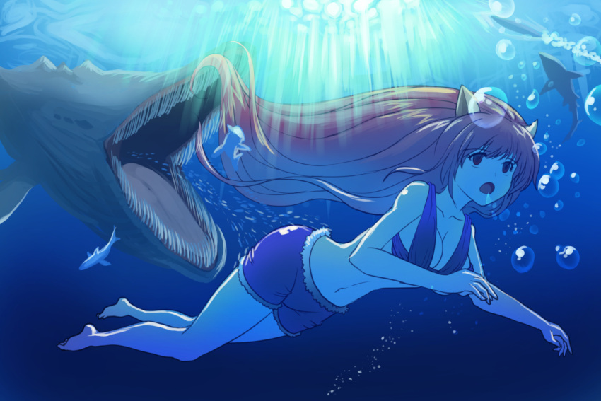 1girl air_bubble animal_ears bare_legs barefoot bikini_top breath cutoffs denim denim_shorts diving dungeon_and_fighter fish freediving holding_breath long_hair monster open_mouth shorts swimming underwater