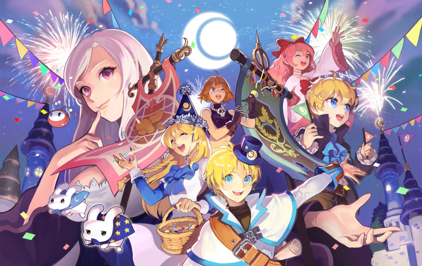 2boys 4girls :d ;d ahoge banner basket belt black_gloves blonde_hair blue_bow blue_eyes bow braid candybox castle character_request confetti cravat finger_to_cheek fireworks flag gloves green_eyes hair_bow hat highres long_hair looking_at_viewer lucian_kaltz mila_nebraska multiple_boys multiple_girls night night_sky one_eye_closed open_mouth orange_hair outdoors pink_hair rabbit red_bow scroll short_hair skull_necklace sky smile string_of_flags tales_weaver tichiel_juspian violet_eyes wide_sleeves
