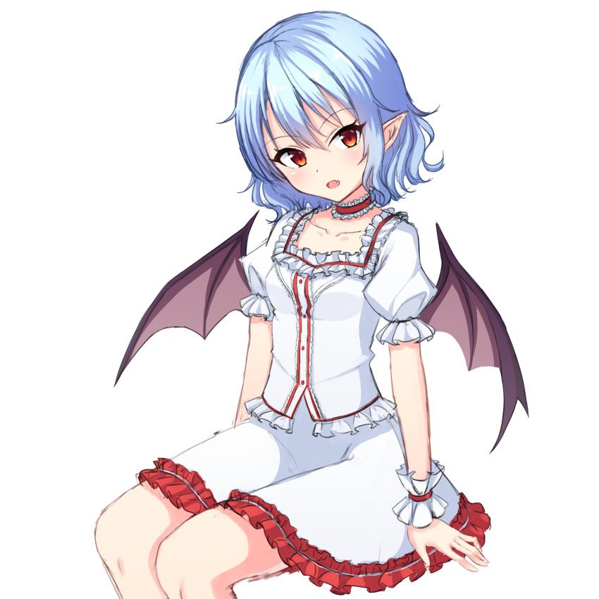 1girl absurdres bat_wings blouse blue_hair collarbone fang highres junior27016 miniskirt open_mouth pointy_ears puffy_short_sleeves puffy_sleeves red_eyes remilia_scarlet short_sleeves sitting skirt skirt_set touhou white_blouse white_skirt wings