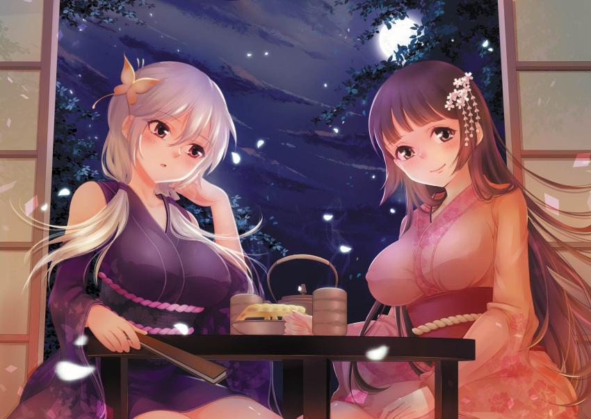 2girls :o _jing bangs blunt_bangs blush breasts brown_eyes brown_hair butterfly_hair_ornament clouds covered_nipples cup detached_sleeves eyebrows eyebrows_visible_through_hair fan floral_print food fusou_(zhan_jian_shao_nyu) hair_between_eyes hair_ornament hair_over_shoulder hand_in_hair highres holding_fan japanese_clothes kanzashi kimono leaf long_hair looking_at_another looking_at_viewer low_twintails moon multiple_girls night night_sky obi onigiri open_mouth petals red_eyes sash sitting sky sliding_doors steam table tree twintails very_long_hair white_hair wide_sleeves yamashiro_(zhan_jian_shao_nyu) zhan_jian_shao_nyu