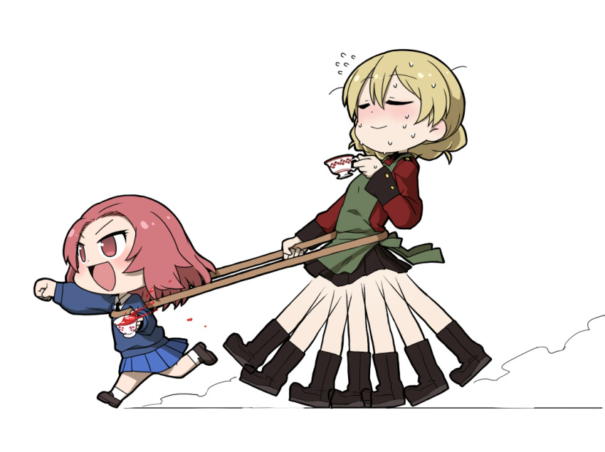 2girls apron bangs black_boots black_shoes black_skirt blonde_hair blue_skirt blush boots braid closed_eyes commentary cup darjeeling dress_shirt flying_sweatdrops girls_und_panzer holding jacket light_smile loafers long_sleeves mansyontintai military military_uniform miniskirt multiple_girls necktie open_mouth pleated_skirt red_eyes red_jacket redhead rosehip running school_uniform shirt shoes short_hair skirt smile socks spilling standing sweatdrop sweater tea teacup tied_hair twin_braids uniform v-neck walking wheel_o_feet white_background white_legwear white_shirt younger