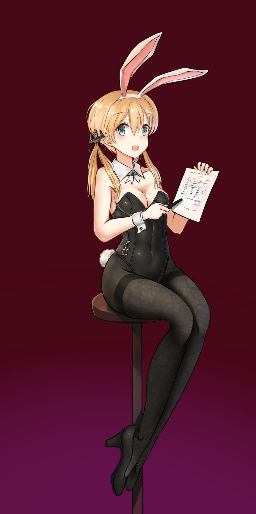 1girl absurdres animal_ears ascot black_legwear blonde_hair bunny_tail bunnysuit dabaizhao detached_collar green_eyes highres kantai_collection low_twintails pantyhose paper prinz_eugen_(kantai_collection) rabbit_ears sitting stool tail twintails wrist_cuffs
