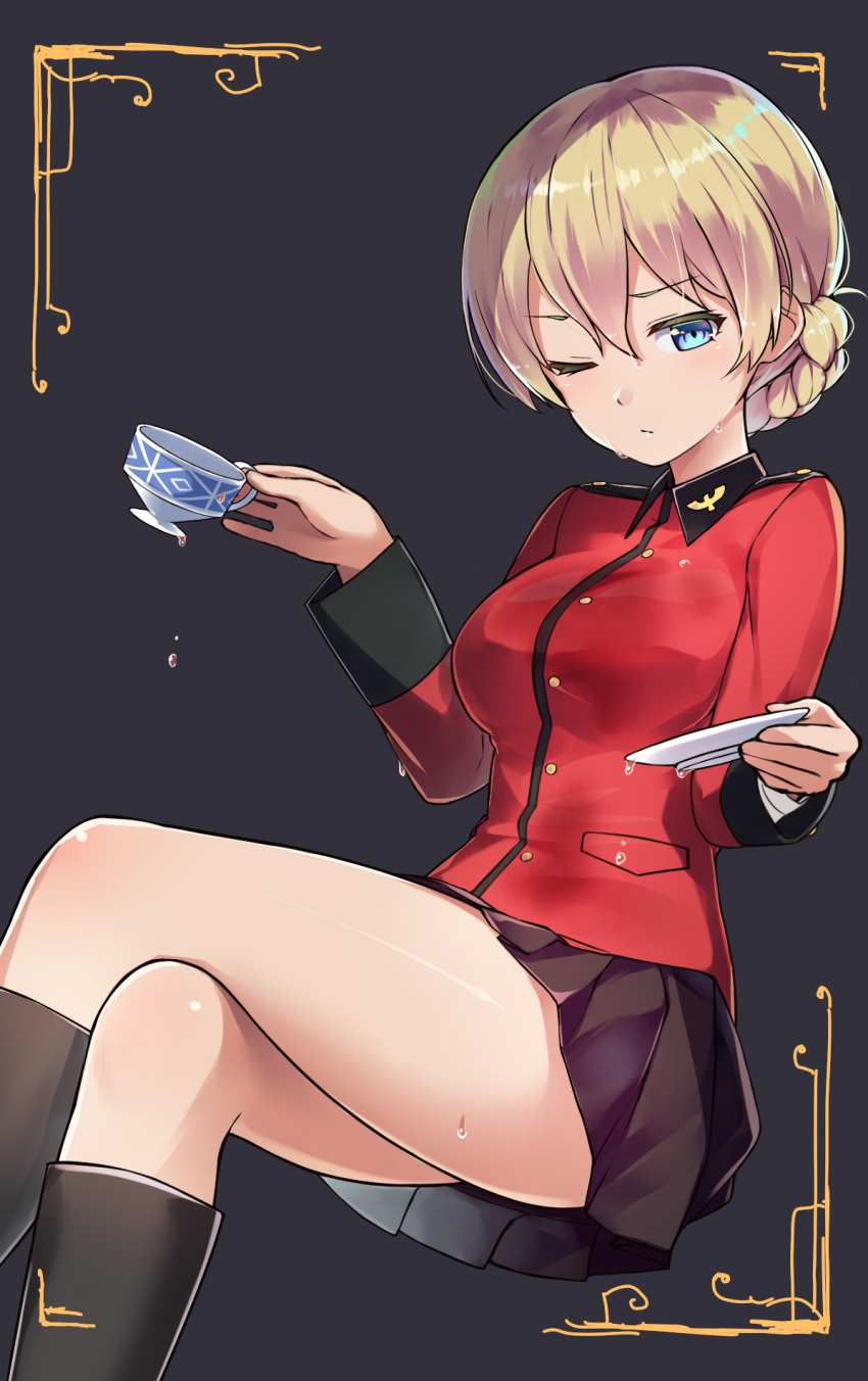 1girl bangs black_background black_skirt blonde_hair blue_eyes boots braid commentary_request cowboy_shot crossed_legs cup darjeeling girls_und_panzer highres holding jacket knee_boots long_hair long_sleeves looking_at_viewer military military_uniform miniskirt ninnzinn one_eye_closed pleated_skirt red_jacket saucer short_hair sitting skirt solo teacup thighs tied_hair twin_braids uniform wet wet_hair