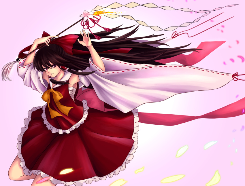 1girl bow bowtie brown_hair commentary_request detached_sleeves frilled_shirt frilled_skirt frills gohei hair_bow hair_tubes hakurei_reimu highres long_hair petals pink_background pink_flower red_bow red_shirt red_skirt ribbon-trimmed_sleeves ribbon_trim sarashi shirt sidelocks skirt solo tassel touhou very_long_hair violet_eyes wide_sleeves yellow_bow yellow_bowtie yin_yang yukidaifuku