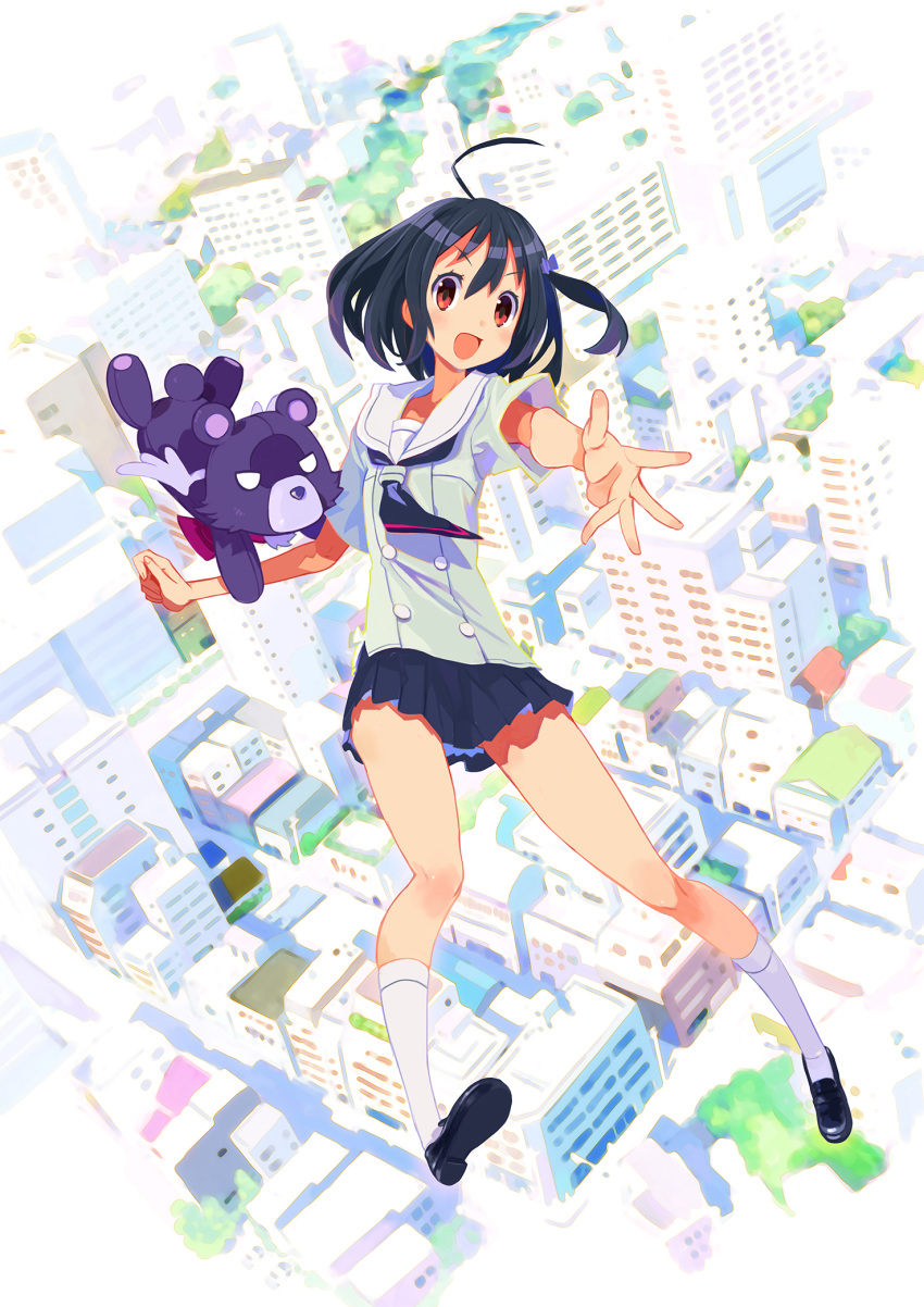 1girl ahoge black_hair cityscape harada_takehito highres loafers official_art one_side_up open_mouth outstretched_arm outstretched_hand pleated_skirt school_uniform serafuku shoes short_hair skirt solo stuffed_animal stuffed_toy teddy_bear todoroki_amane white_legwear zetsumetsu_kigu_shoujo_amazing_twins
