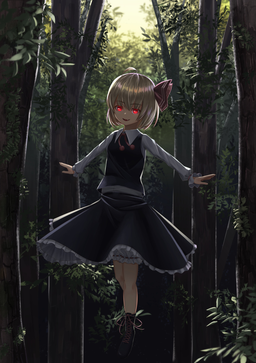 1girl :d absurdres blonde_hair fang floating forest frilled_skirt frills hair_ribbon highres nature nerisylphs open_mouth outstretched_arms red_eyes ribbon rumia shirt short_hair skirt smile spread_arms touhou tree vest