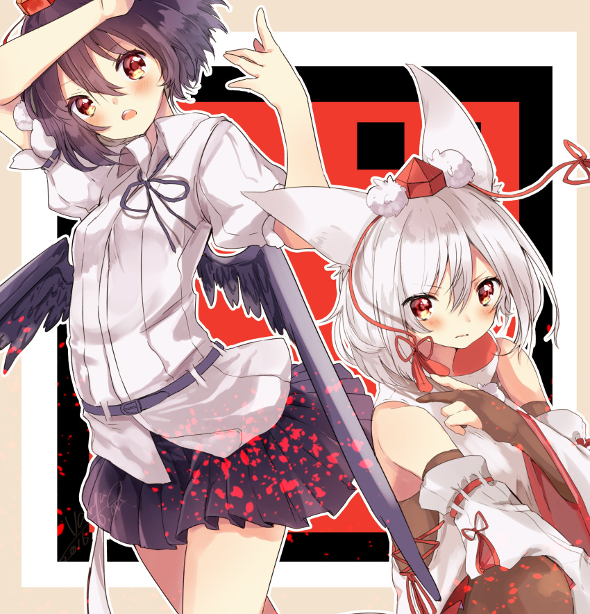 2girls absurdres animal_ears arm_up artist_name bangs black_hair black_skirt black_wings blush breasts bridal_gauntlets brown_legwear brown_shirt dated detached_sleeves feathered_wings hair_between_eyes hands_up hat head_tilt highres inubashiri_momiji layered_clothing looking_at_viewer multiple_girls open_mouth patterned_background pleated_skirt pom_pom_(clothes) red_eyes reflective_eyes ribbon-trimmed_sleeves ribbon_trim round_teeth shameimaru_aya shirt short_hair silver_hair skirt sleeveless sleeveless_shirt small_breasts sun teeth thighs tokin_hat touhou turtleneck varyu white_shirt wings wolf_ears