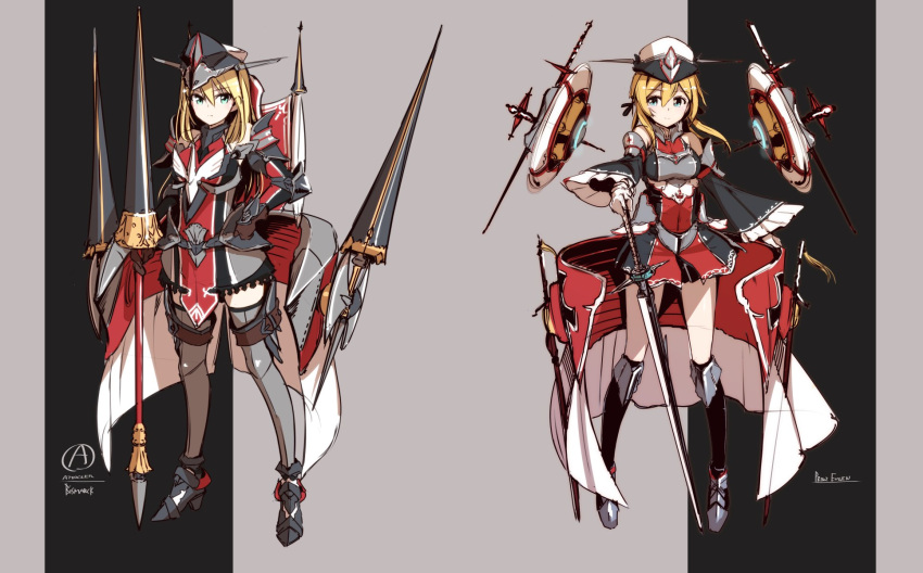2girls adapted_costume alternate_costume armor armored_boots bare_shoulders bismarck_(kantai_collection) black_background black_legwear blonde_hair boots character_name detached_sleeves dress drone elbow_pads eyebrows eyebrows_visible_through_hair fantasy frills full_body green_eyes grey_background grey_legwear hair_down hand_on_hip hat high_heels highres kantai_collection knee_pads kneehighs lance light_smile long_hair looking_at_viewer low_twintails multiple_girls pauldrons peaked_cap polearm pomon_illust prinz_eugen_(kantai_collection) short_dress standing sword thigh-highs twintails underbust weapon wide_sleeves zettai_ryouiki