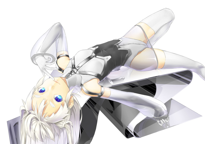 1girl bare_shoulders blue_eyes detached_sleeves elbow_gloves finger_to_mouth foil full-length_zipper gloves highres hiko_(hiko224556) leotard light_smile lips long_hair looking_at_viewer lying on_back original see-through short_eyebrows smile solo thigh-highs two_side_up white_gloves white_hair white_legwear white_leotard zipper