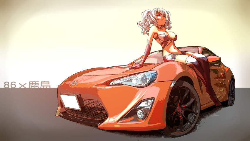1girl absurdres alternate_costume arm_support bare_shoulders bike_shorts blue_eyes breasts car crop_top crossed_legs full_body gloves ground_vehicle highres hikomaro610 kantai_collection kashima_(kantai_collection) leaning_back light_smile looking_at_viewer medium_breasts midriff motor_vehicle navel no_shoes number on_vehicle racequeen shade silver_hair sitting smile solo stomach strapless thigh-highs toyota_86 twintails two-tone_background wavy_hair